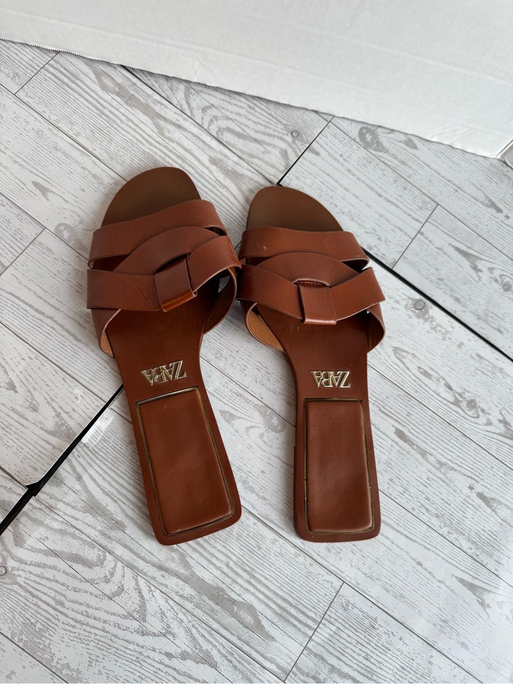 Zara Brown Leather Slide Sandals